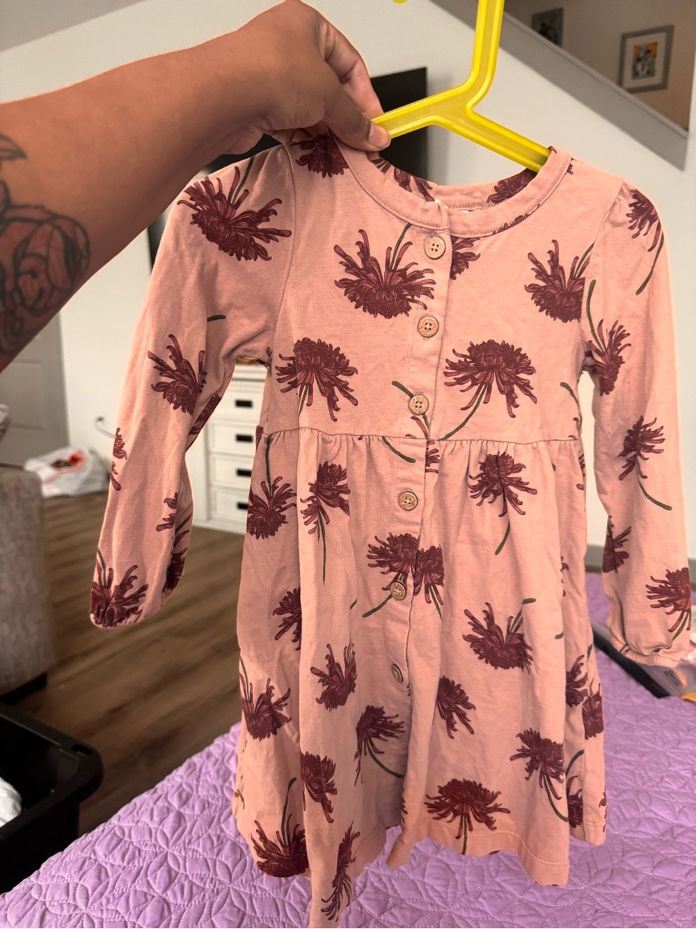Girls' Dusty Pink Floral Button-Front Dress